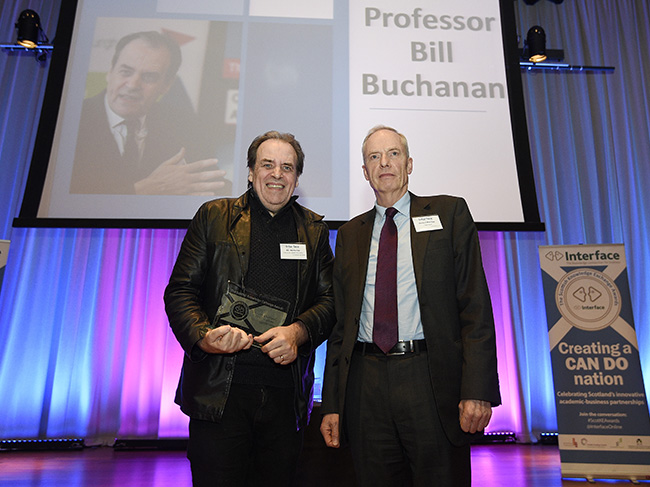 Professor Bill Buchanan receiving award from Professor Donald MacRae at the Scottish Knowledge Exchange Awards  